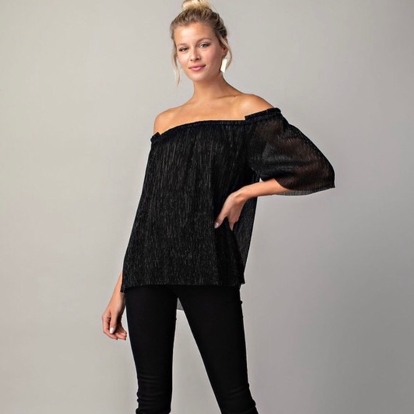 Tops - Black Metallic Pleated Off Shoulder Top